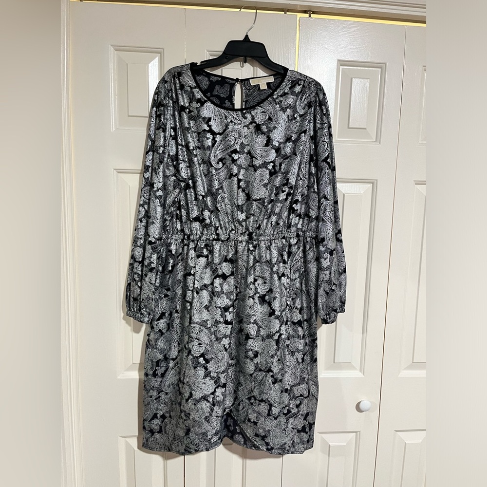 Michael Kors Foil Paisley Long Sleeve Flounce Dress Bone Sz 2X